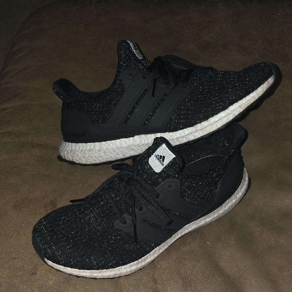 adidas Black Knit Athletic Running Shoes with White Boost Midsole